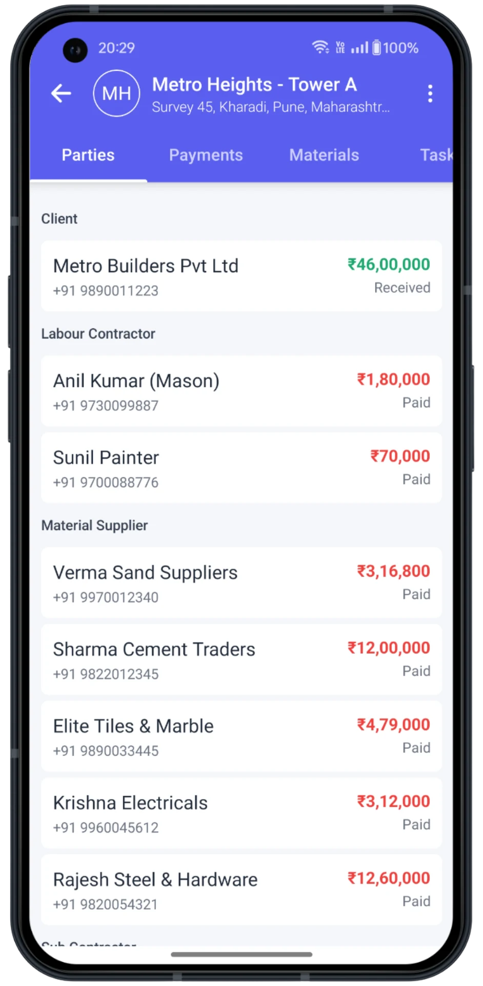 SiteZero party ledger with clients, contractors and material suppliers
