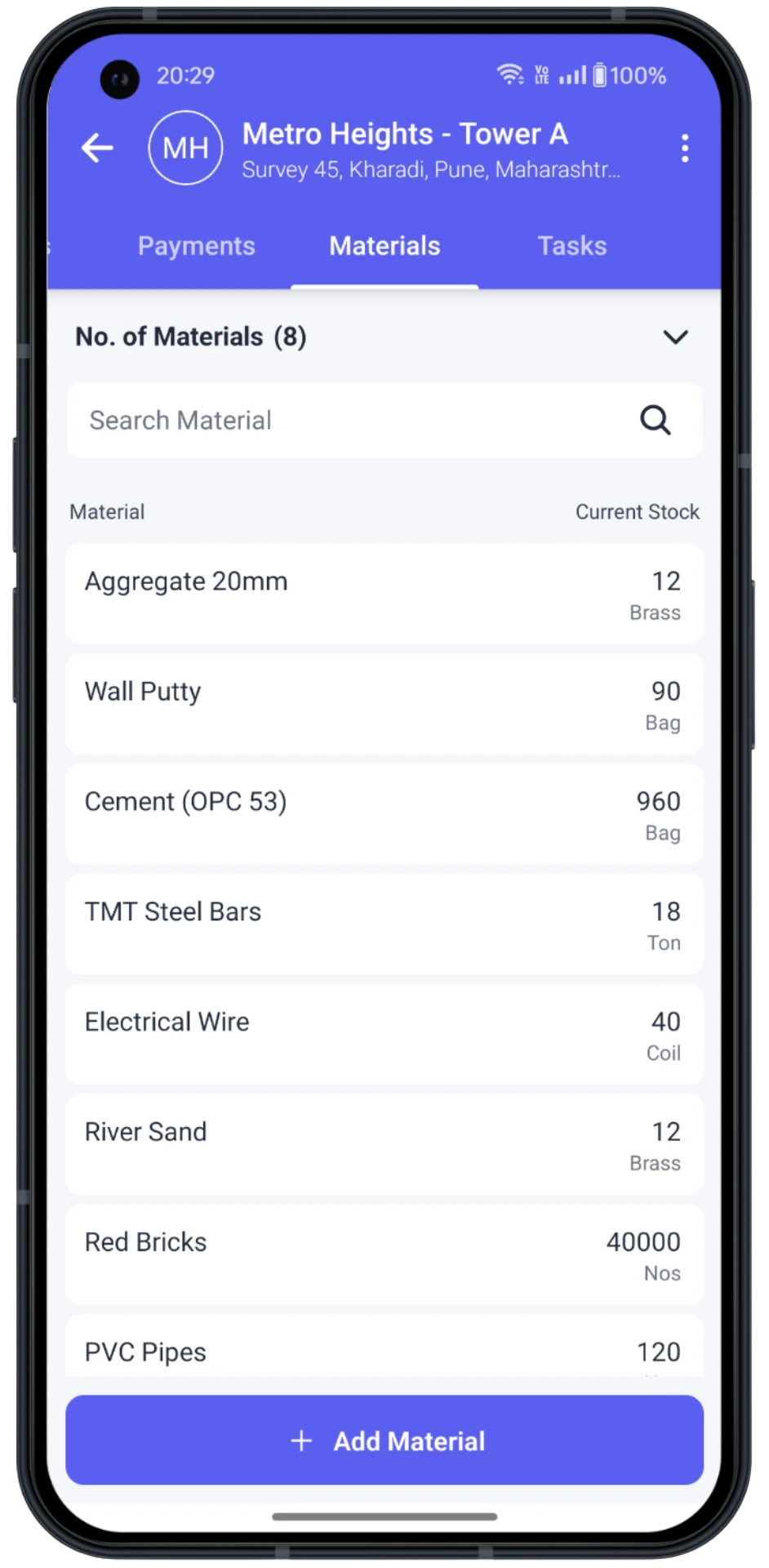 SiteZero material and stock management screen