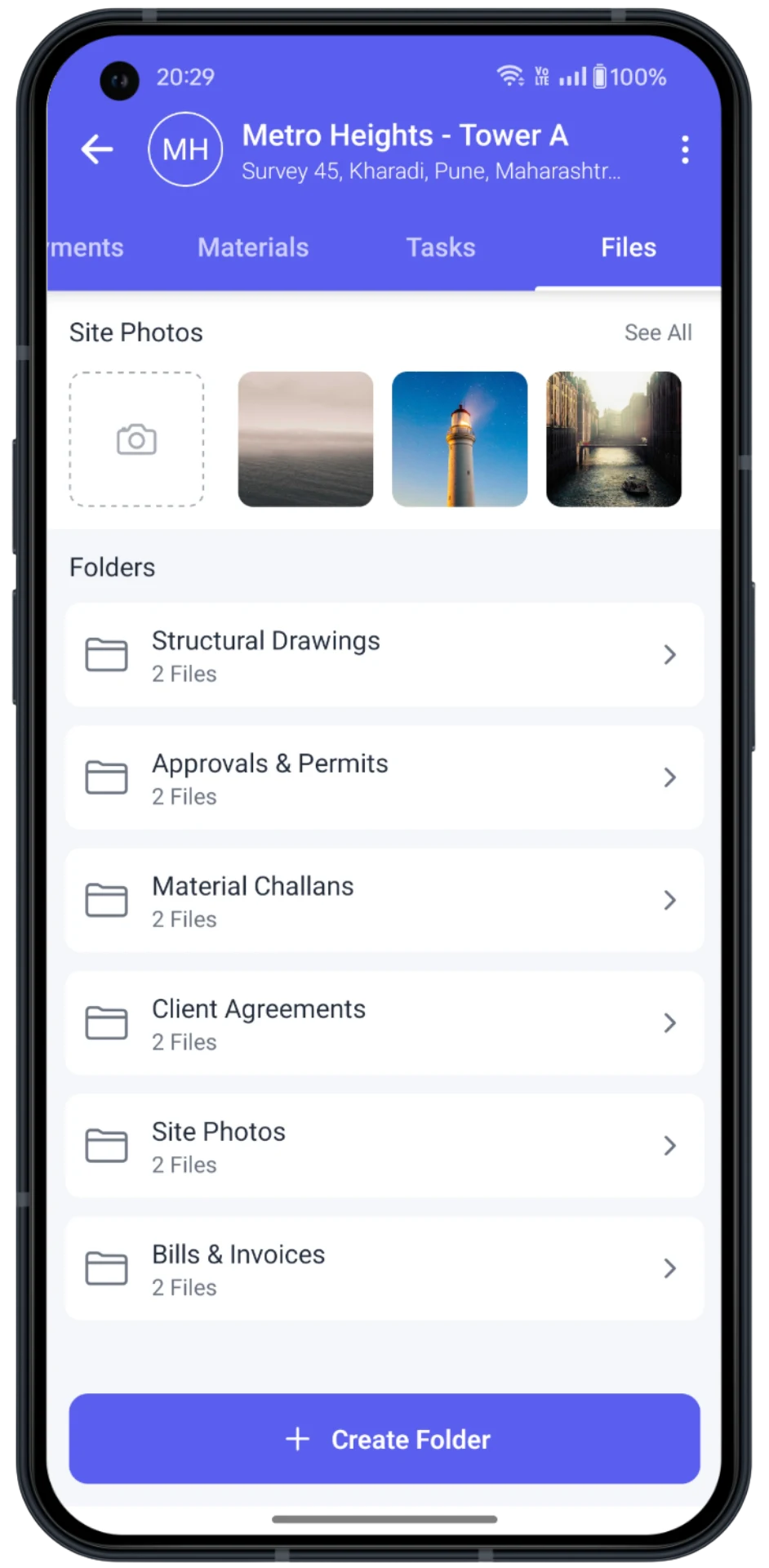 SiteZero site photos, documents and folders