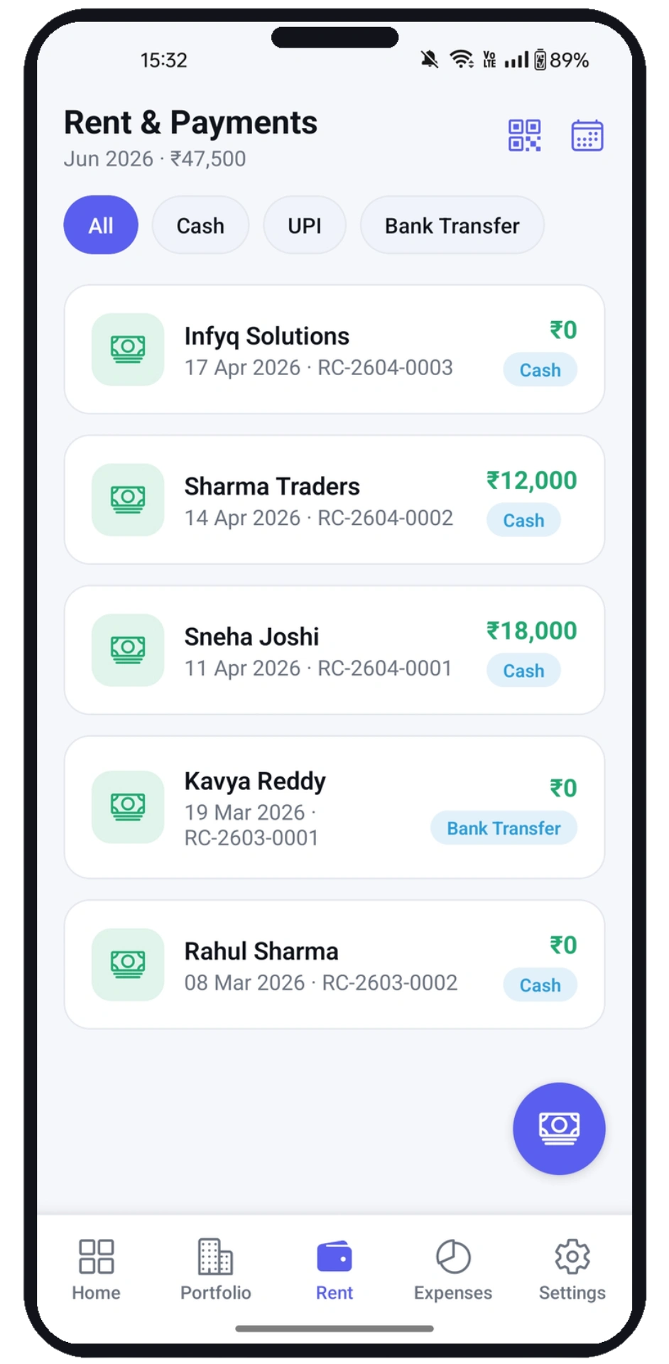UniRent rent collection screen with paid and pending status